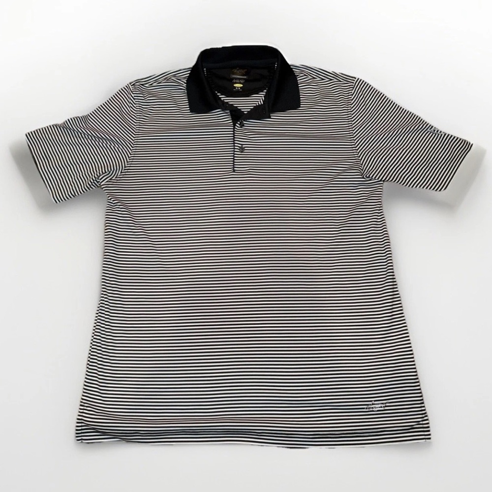 GREG NORMAN Mens Meduim White Black Striped Short-Sleeve Golf Polo Shirt